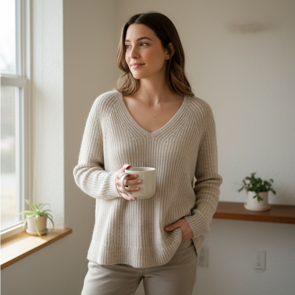 ✨ Everlane Alpaca Wool Blend V-Neck Ribbed Sweater in Oatmeal/Light Taupe M ✨